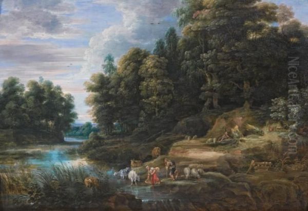 River Landscape With A Herder And A Woman Collecting Water Oil Painting by Frans Wouters