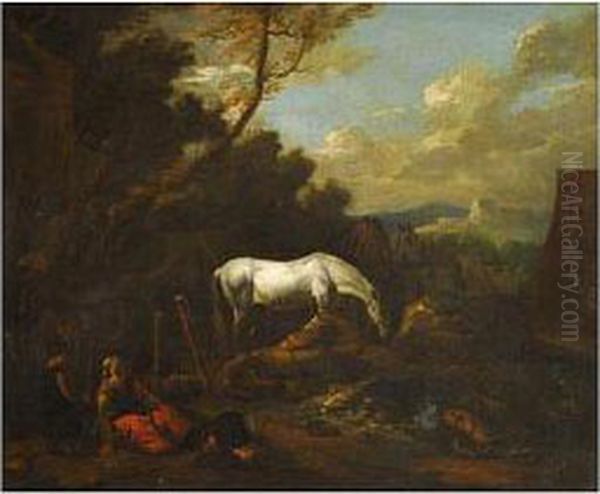 Paisaje Con Figuras Y Caballo Blanco Oil Painting by Jan Wouwerman