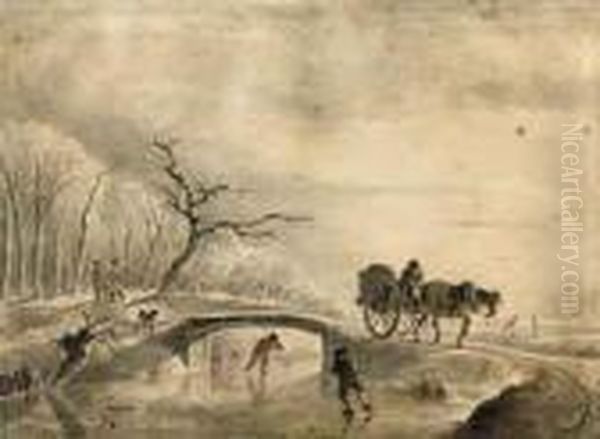 Travellers In A Winter Landscape, With Men Skating On A Frozenriver Oil Painting by Jan Wouwerman