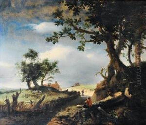 A Traveller And His Dog Resting Beside Acountry Path Oil Painting by Jan Wouwerman