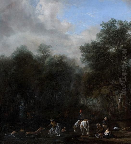 Pecheurs Et Cavaliers Se Baignant Dans Un Lac En Bordure De Foret Oil Painting by Pieter Wouwermans or Wouwerman