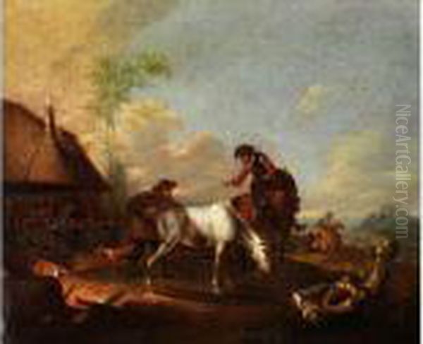 Schimmel Zwischen Rastenden Pferden Und Reitern In Weiter H Oil Painting by Pieter Wouwermans or Wouwerman