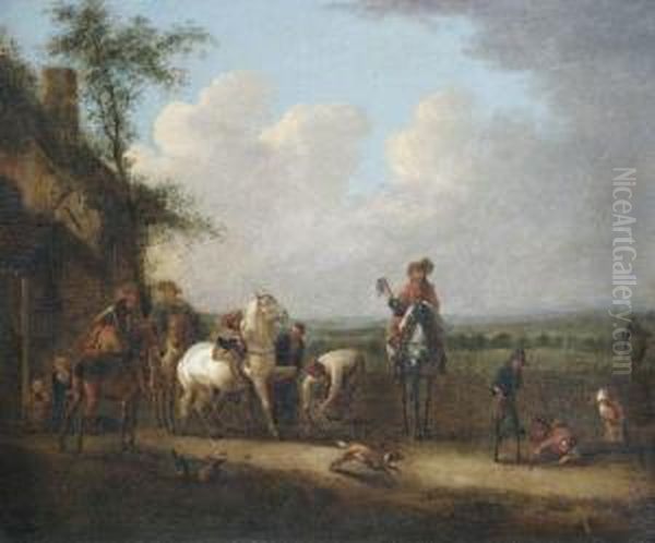 Reiter Machen Halt Vor Der Werkstatt Eines Hufschmieds Oil Painting by Pieter Wouwermans or Wouwerman