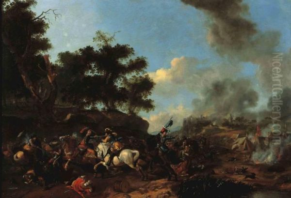 A Skirmish With Polish Cavalry Near An Encampment Oil Painting by Pieter Wouwermans or Wouwerman