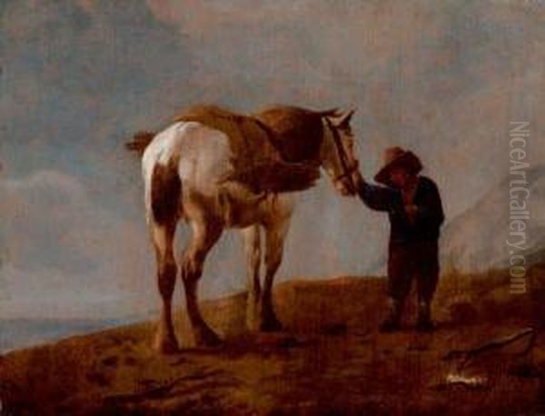 Farmer Waiting By A White Horse Oil Painting by Pieter Wouwermans or Wouwerman