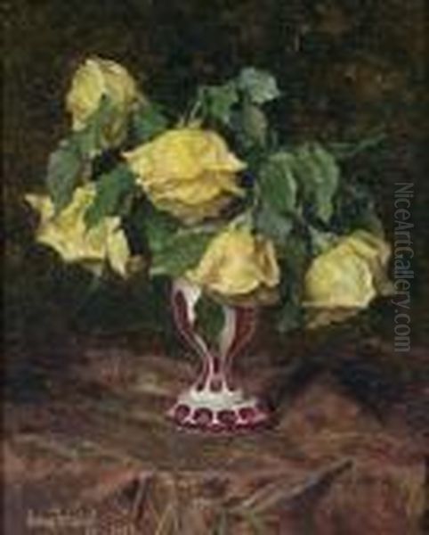 Floral Still Life With Roses Oil Painting by Anton Wrabetz