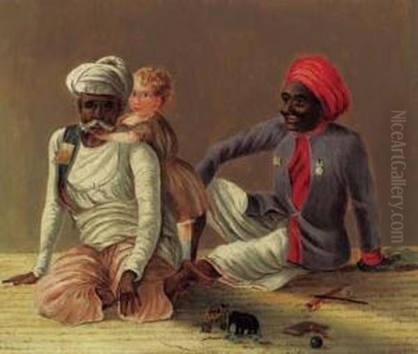 Sandy With His Attendants, A Lascar And A Puttawallah; And An Ayahwith One Of The Olive Branches And Hamaul Oil Painting by E.W., General Wray