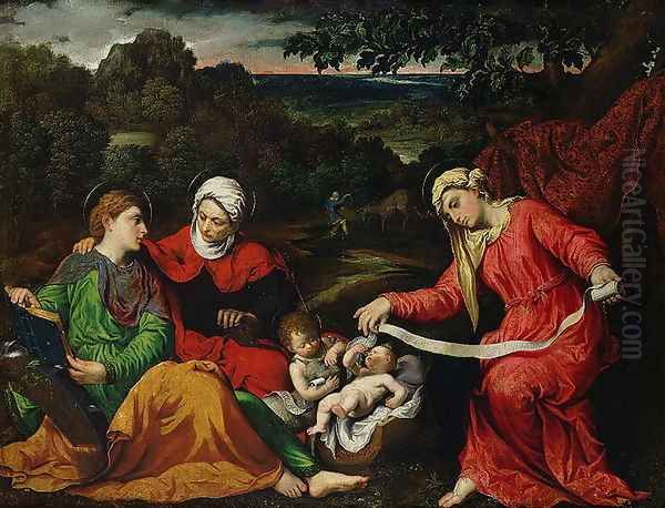 Rest on the Flight into Egypt with St. John the Baptist, St. Elizabeth and St. Catherine c.1545 Oil Painting by Paris Bordone