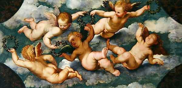 Winged Putti with Garlands Oil Painting by Paris Bordone