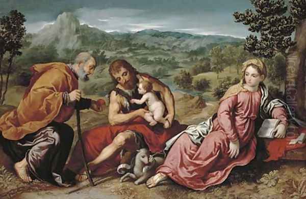 The Holy Family with Saint John the Baptist in an extensive landscape Oil Painting by Paris Bordone