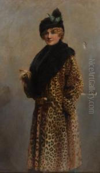 Full Length Portrait Of A Society Lady In Fur Hat And Coat Holdinga Lap Dog Oil Painting by Ethel Wright