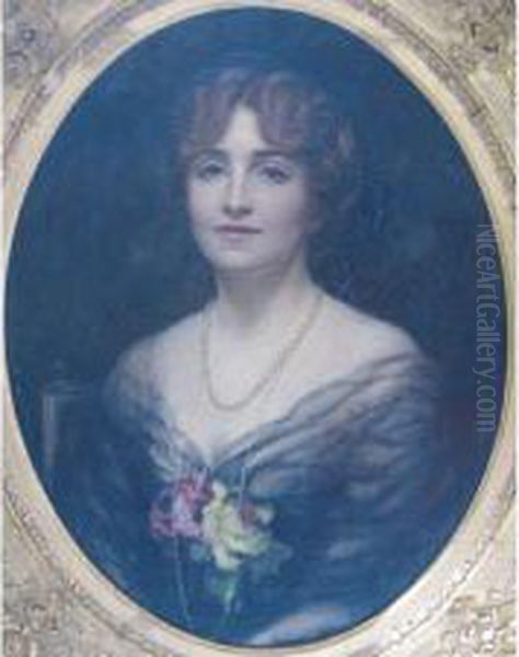 A Portrait Of A Lady Wearing A Pearl Necklace And Flowers In Her Corsage Oil Painting by Ethel Wright