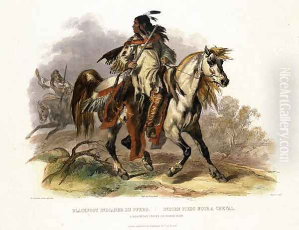 A Blackfoot Indian on Horseback, plate 19 from Volume 1 of 'Travels in the Interior of North America' Oil Painting by Karl Bodmer