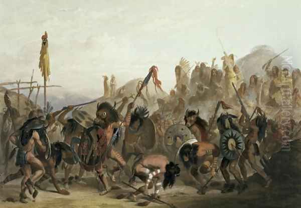 Bison-Dance of the Mandan Indians in front of their Medicine Lodge in Mih-Tutta-Hankush, plate 18 from Volume 2 of 'Travels in the Interior of North America', 1844 Oil Painting by Karl Bodmer