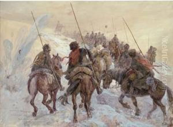 The Russian Front, A Cossack Convoy Under Fire Oil Painting by Henry Charles Seppings Wright