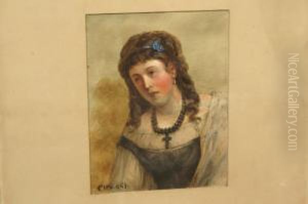 Spanish Girl, With Blue Ribbons In Hair Oil Painting by J. Wright