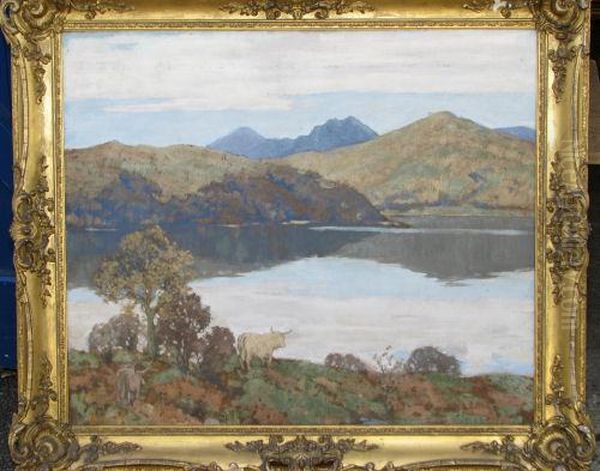 Oil On Board Scottish Lake Scene With Hills In Distance Oil Painting by James Wright