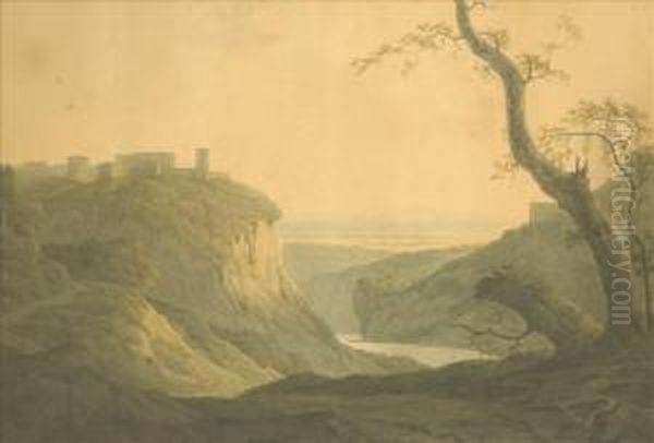 Italian River Landscape, With Classical Pavilion And Medieval Castle Oil Painting by Joseph Wright