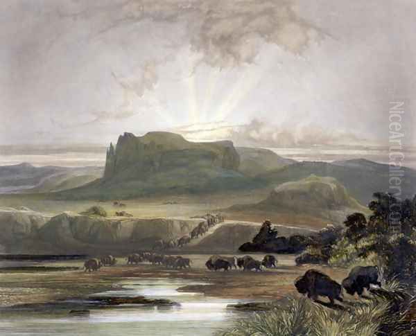 Herd of Bison on the Upper Missouri, plate 40 from Volume 2 of 'Travels in the Interior of North America' Oil Painting by Karl Bodmer