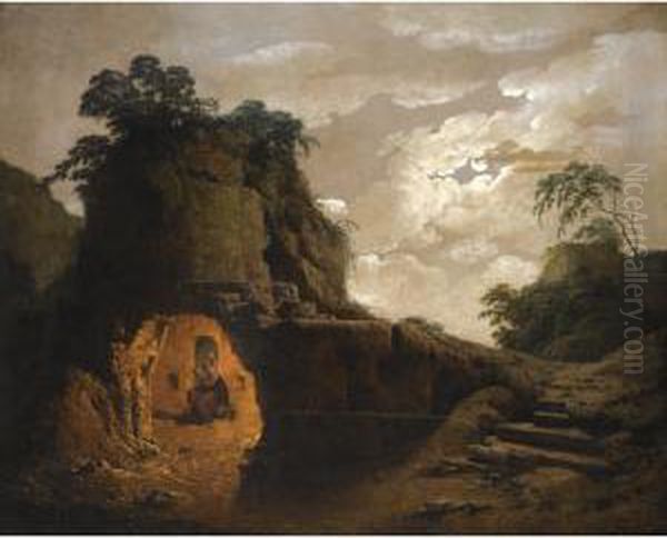 Virgil's Tomb By Moonlight Oil Painting by Josepf Wright Of Derby