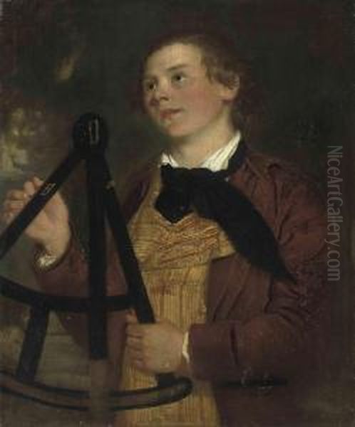 Portait Of A Gentleman, Traditionally Identified As John Adeyrepton, F.s.a. , Half-length, In Red Coat And Yellowwaistcoat With A Black Cravat, Holding A Surveyors Theodolite Oil Painting by Josepf Wright Of Derby