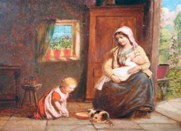 Interior With Mother And Children Oil Painting by Robert W. Wright