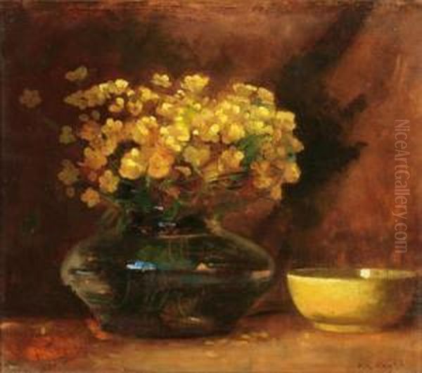 Still Life With Buttercups In A Glass Vase Oil Painting by Sarah Jane Wright