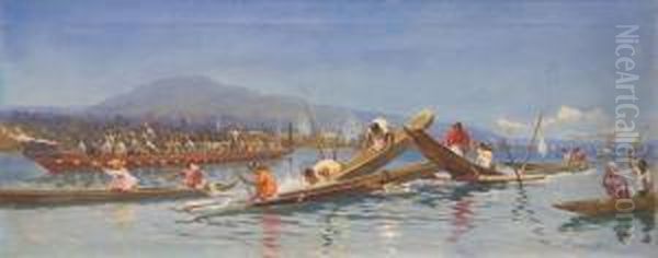 Maori Canoe Race, Lake Rotorua Oil Painting by Walter Wright