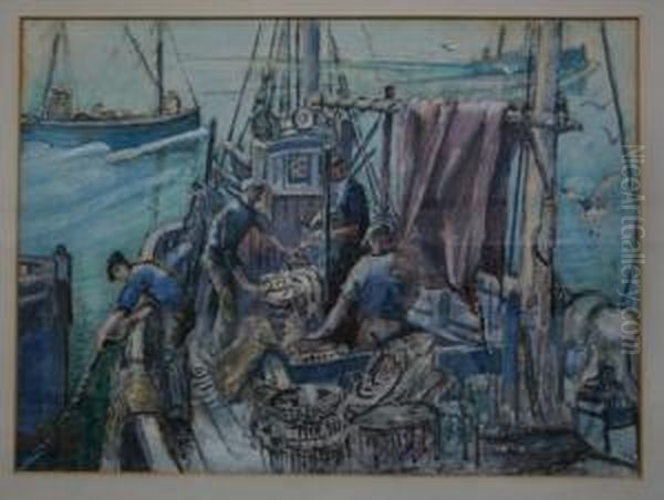 Entrance To A Harbour With Fishermen In A Trawler Preparing To Offload Their Catch Oil Painting by Isabel Wrightson