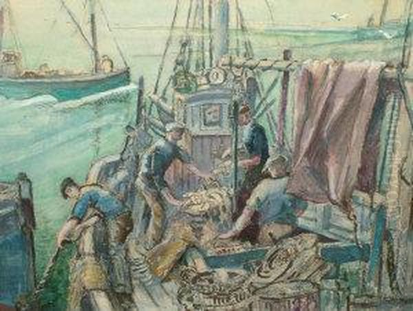 1938- Fishermen Along The Quayside Circa 195 Oil Painting by Isabel Wrightson