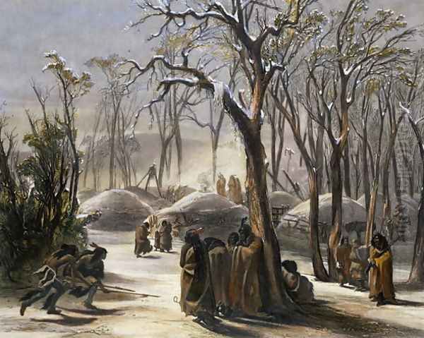 Winter Village of the Minatarres, plate 26 from Volume 2 of 'Travels in the Interior of North America', 1844 Oil Painting by Karl Bodmer