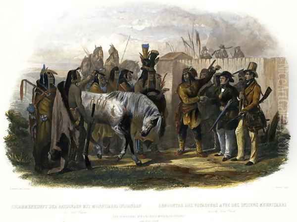 The Travellers Meeting with Minatarre Indians near Fort Clark, plate 26 from Volume 1 of 'Travels in the Interior of North America' 1843 Oil Painting by Karl Bodmer