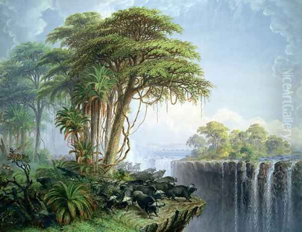 Buffalos Driven to the Edge of the Chasm opposite Garden Island, Victoria Falls Oil Painting by Thomas Baines