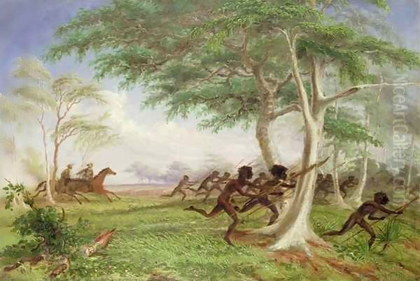 Dispersal of hostile tribes near Baines River Oil Painting by Thomas Baines