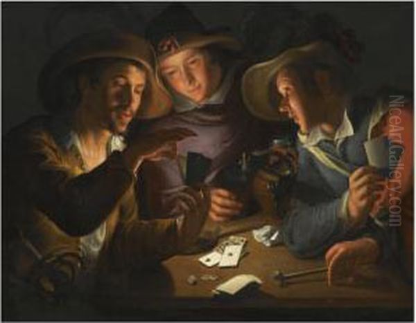 Three Cardplayers Around A Table Lit By A Candle Oil Painting by Peter Wtewael