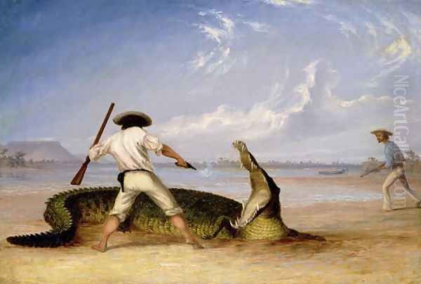 T.Baines and C.Humphrey killing an alligator on Horse Shoe flats Oil Painting by Thomas Baines