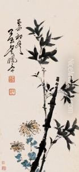 Wu Peifubamboo And Chrysa-nthemum Oil Painting by Wu Peifu