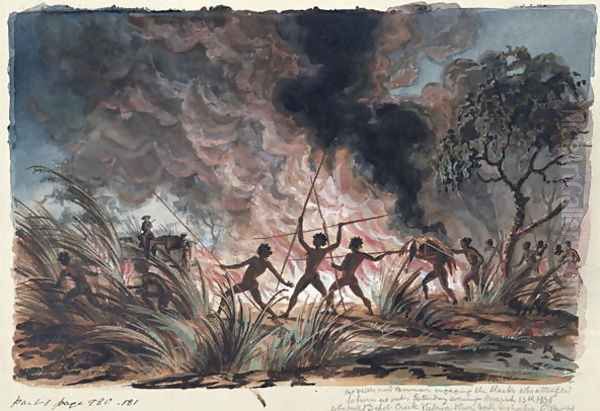 Mr Phibbs and Bowman engaging the blacks who attempted to burn us out... Depot Creek, Victoria Oil Painting by Thomas Baines