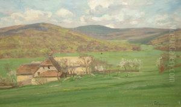 Farm House In A Pastoral Landscape Oil Painting by Fritz Wucherer