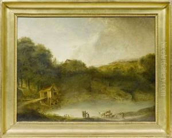 Pendants:paysage Avec Personnages Et Betail Au Bord D'un Etang / Paysageavec Ruines Et Personnages. Oil Painting by Heinrich Johann Wuest