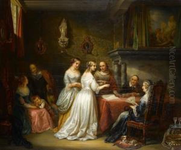 The Marriage Contract Oil Painting by Adrien Wulffaert