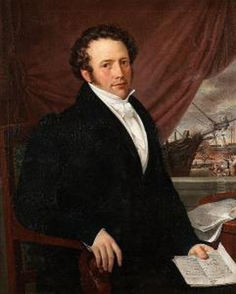 Portrait Of A Gentleman Seated In An Interior, A View Of A Dockyard Beyond Oil Painting by Adrien Wulffaert