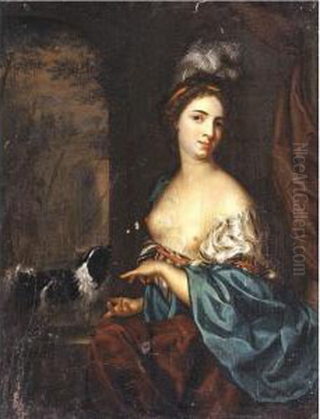 Portrait Of A Young Woman With A Dog Oil Painting by Margaretha Wulfraet