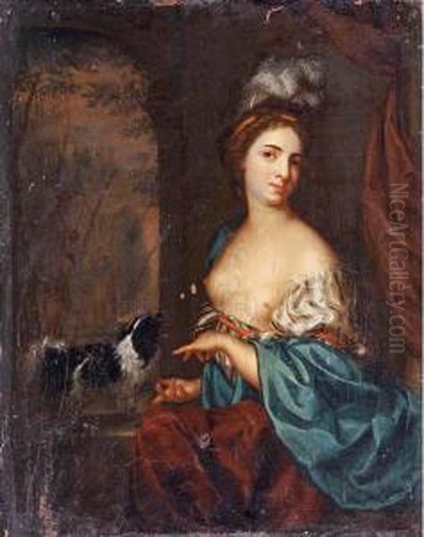 Portrait Of A Young Woman With A Dog Oil Painting by Margaretha Wulfraet