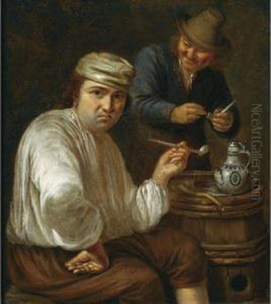 A Peasant Seated Next To A Barrel Smoking A Pipe, Another Onestanding Behind Him Preparing A Pipe Oil Painting by Mathijs Wulfraet