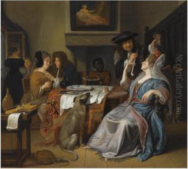 An Elegant Company In An Interior Drinking And Smoking, With Aviolin And A Music Book On A Table In The Foreground Oil Painting by Mathijs Wulfraet