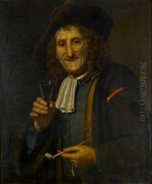 An Elderly Man In A Grey Coat With A Greenwaistcoat And Black Felt Hat, Holding A Glass Of Wine And Apipe Oil Painting by Mathijs Wulfraet