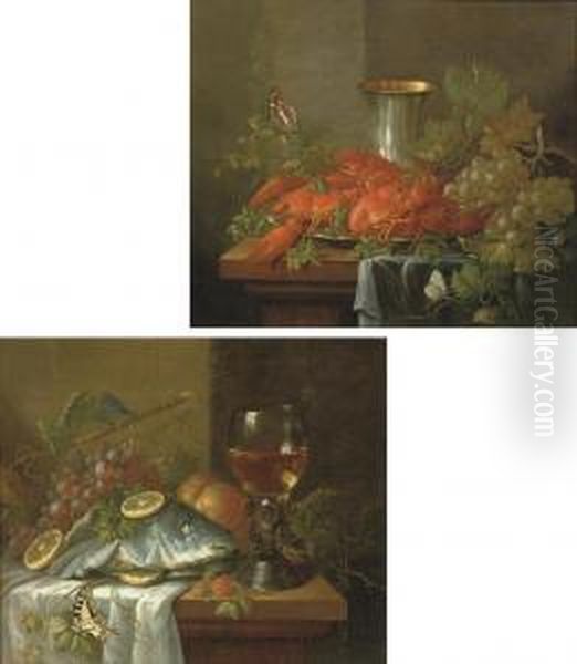 Crayfish On A Silver Plate, A Silver Beaker And Grapes With Butterflies On A Partially Draped Table Oil Painting by Wilhelm Ernst Wunder