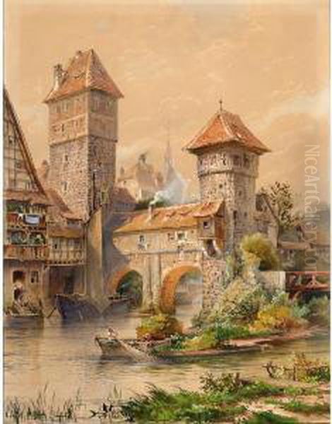 A Town On The Water Front, Possibly Nurnberg Oil Painting by Hermann, Moritz H. Wunderlich