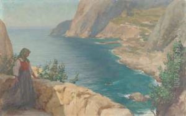 Junge Bauerin Blickt Uber Die Kuste Von Capri Oil Painting by Wilhelm Wunderwald